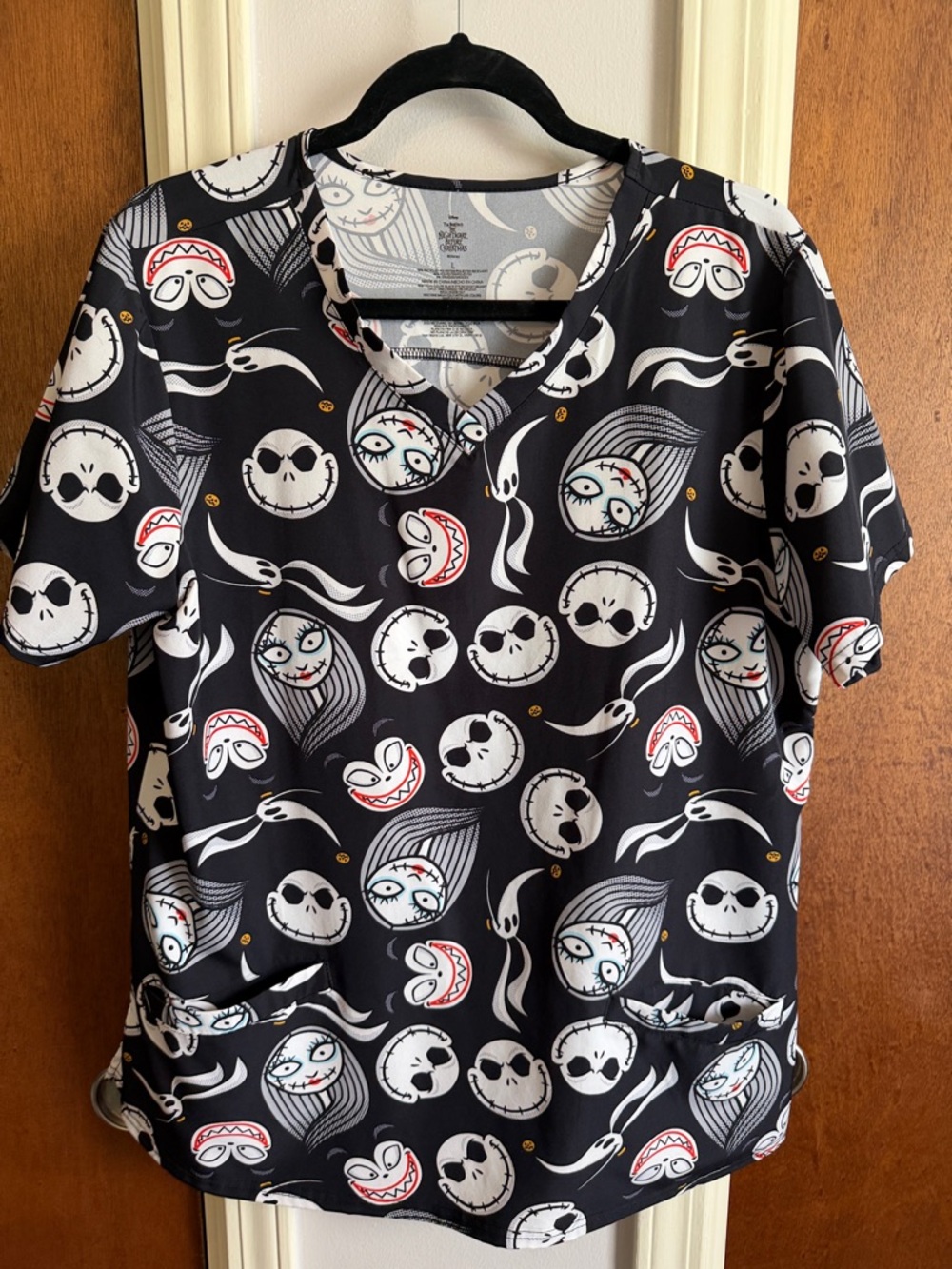 Black Halloween Character Print Scrub Top